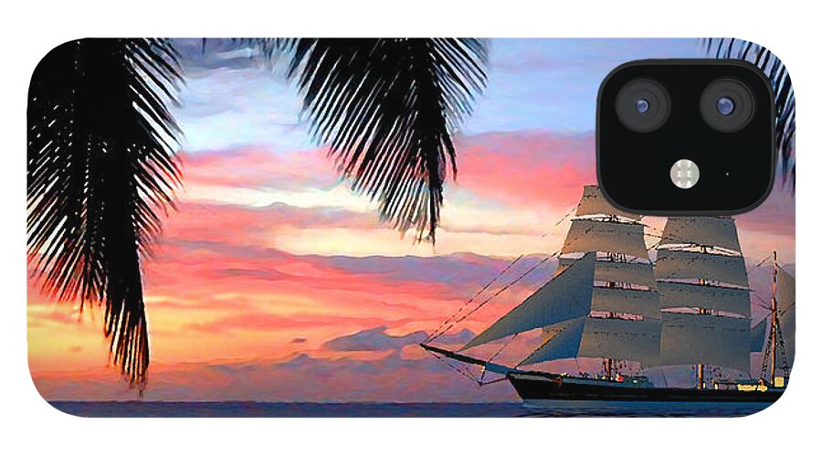 Duane Mccullough iPhone 12 Case featuring the digital art Sunset Sailboat filtered by Duane McCullough