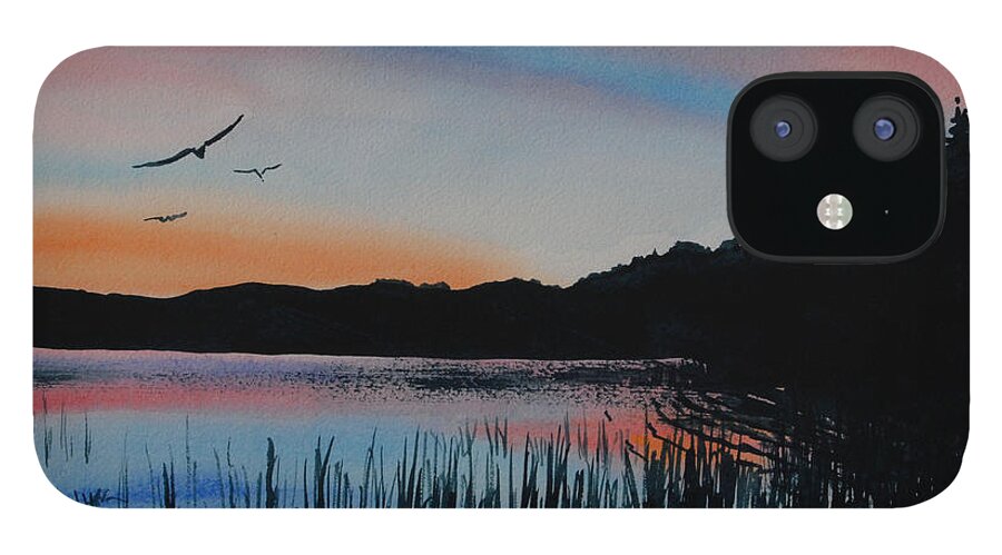 Landscape iPhone 12 Case featuring the painting Sunset with Reeds by Heidi E Nelson