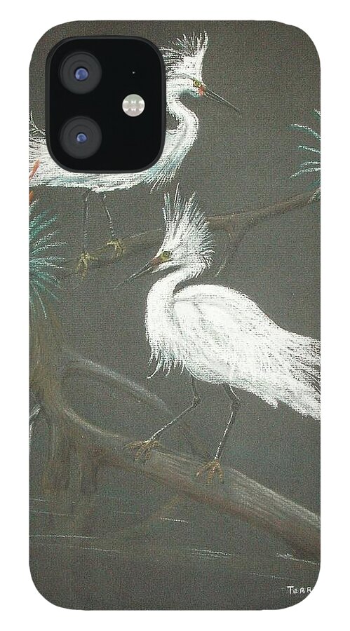 Snowy Egret iPhone 12 Case featuring the pastel Swampbirds by Terry Frederick