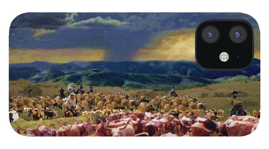  Photographic Manipulation iPhone 12 Case featuring the painting Terror On The Chisholm Trail by David Zimmerman