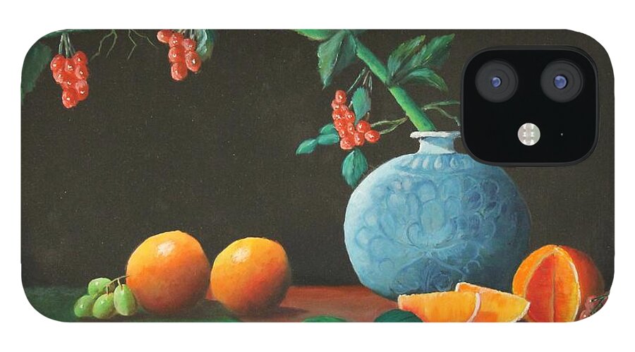 Oil Paintings iPhone 12 Case featuring the painting The Asian Vase and Oranges by Bob Williams