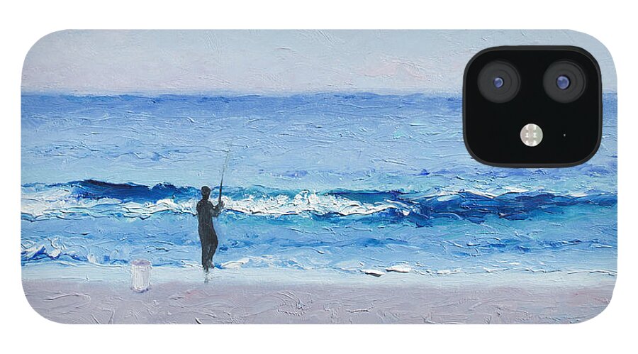Seascape iPhone 12 Case featuring the painting The Surf Fisherman by Jan Matson