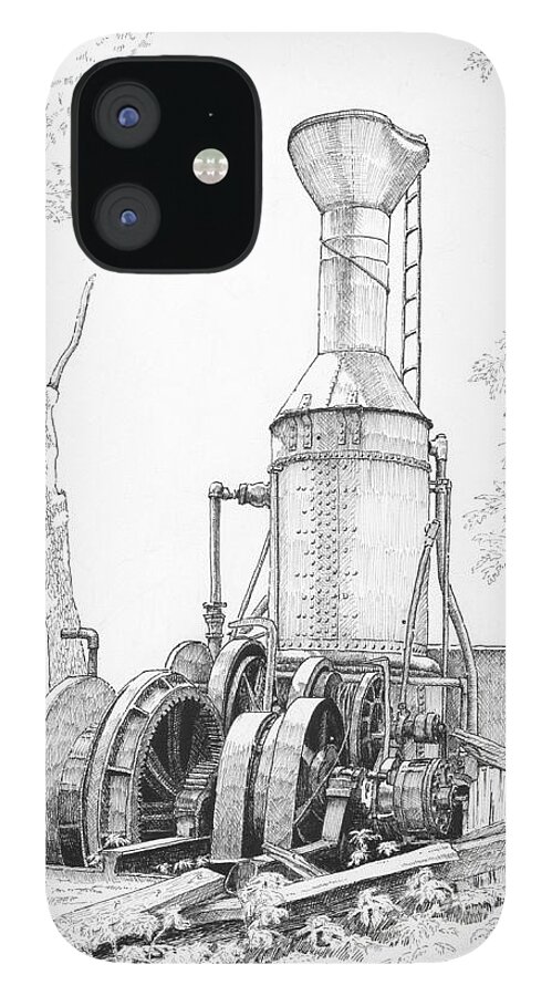 Willamette Steam Donkey iPhone 12 Case featuring the drawing The Willamette Steam Donkey by Timothy Livingston