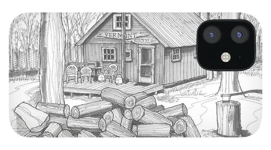 Hunting iPhone 12 Case featuring the drawing Vermont Hunter Lodge by Richard Wambach