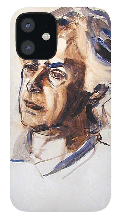 Greta Corens Portraits iPhone 12 Case featuring the painting Watercolor Portrait sketch of a man in monochrome by Greta Corens
