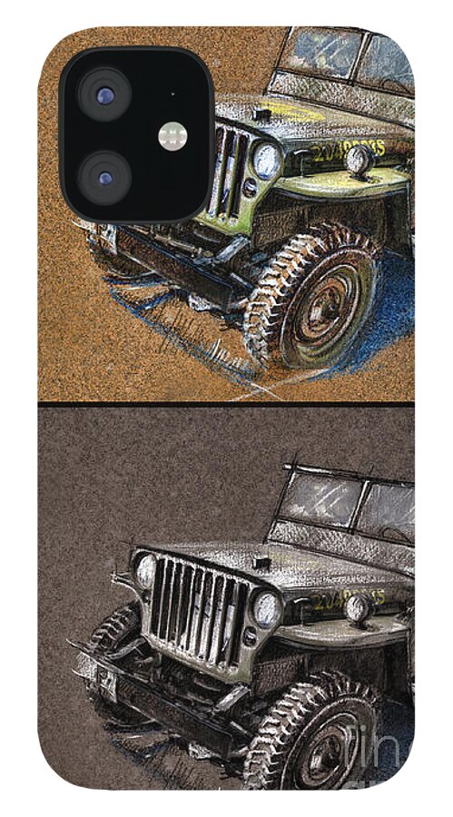 Willys Jeep Mb Drawing Canvas iPhone 12 Case featuring the drawing Willys Jeep MB Car drawing by Daliana Pacuraru