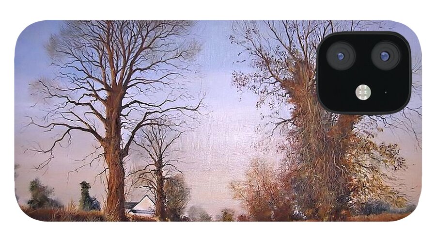 Landscape iPhone 12 Case featuring the painting Winter morning on Calverton Lane by Barry BLAKE