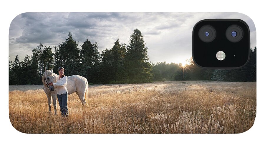 Scenics iPhone 12 Case featuring the photograph Women With White Horse In Forest Meadow by Justin Lewis