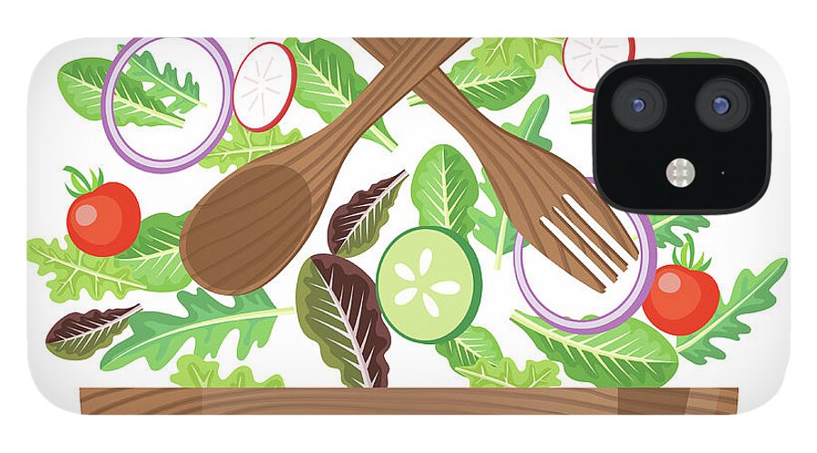 Leaf Vegetable iPhone 12 Case featuring the digital art Wood Bowl Of Salad With Flying by Diane Labombarbe