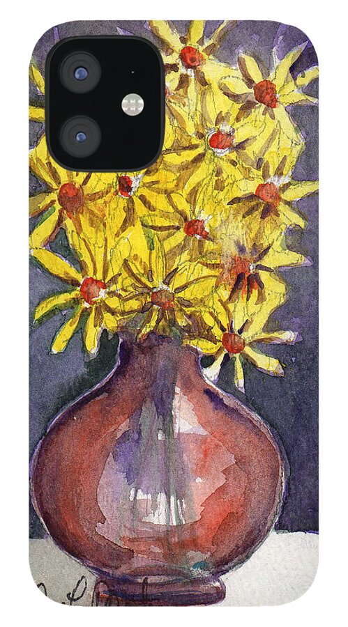 Carnival Glass iPhone 12 Case featuring the painting Yellow Daisies by Linda L Martin