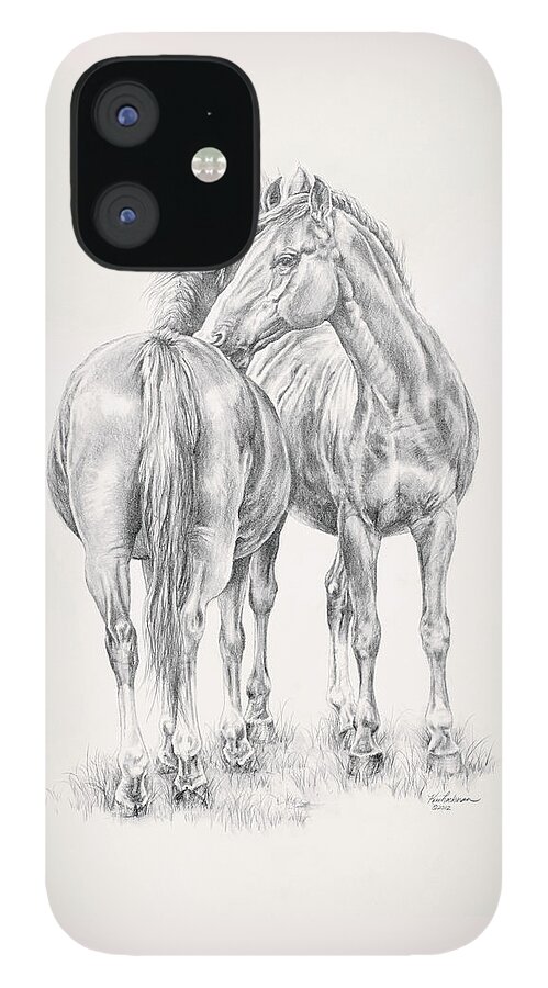 Horses iPhone 12 Case featuring the drawing You Scratch My Back I'll Scratch Yours by Kim Lockman