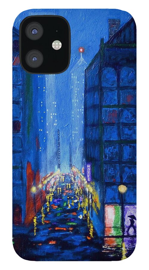 City Rain iPhone 12 Case featuring the painting Midnight Drizzle by J Loren Reedy