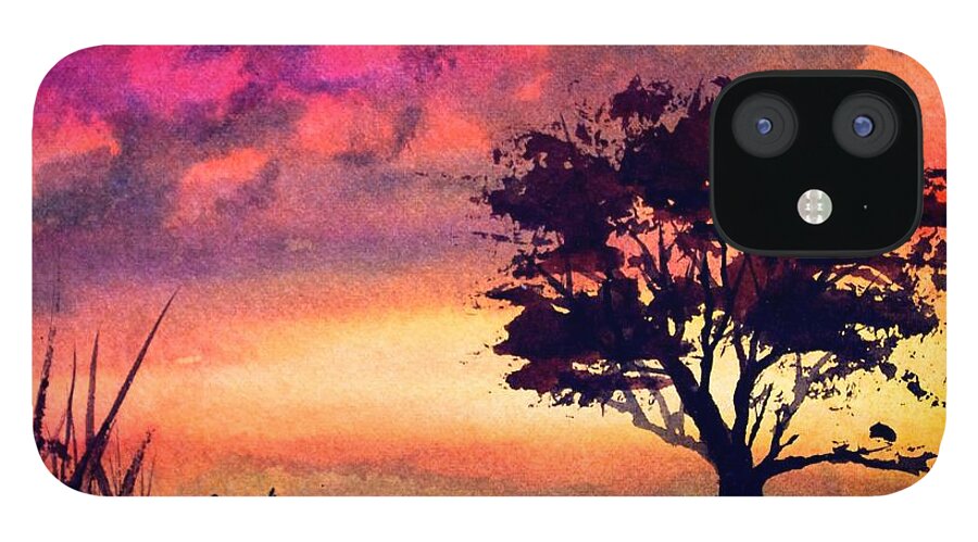 Red iPhone 12 Case featuring the painting Sunset Solitaire #1 by Frank SantAgata