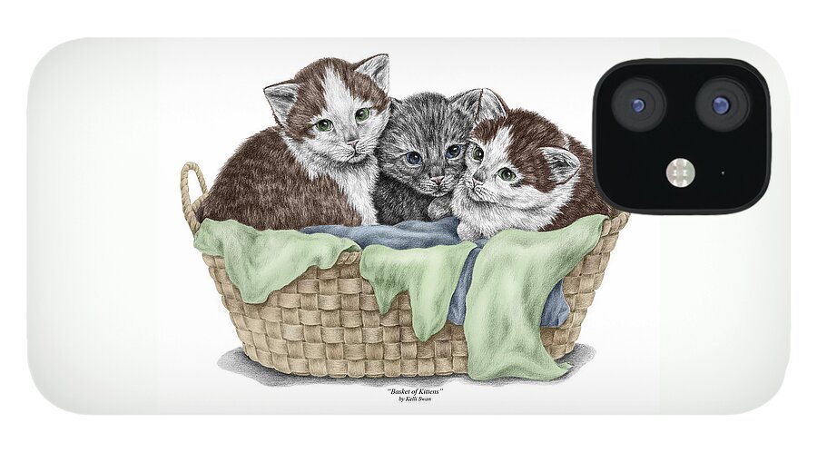 Cat iPhone 12 Case featuring the drawing Basket of Kittens - Cats Art Print color tinted by Kelli Swan