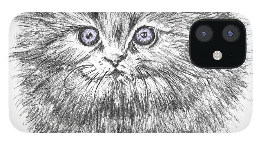 Cat iPhone 12 Case featuring the drawing Blue Eyes by Stan Kwong
