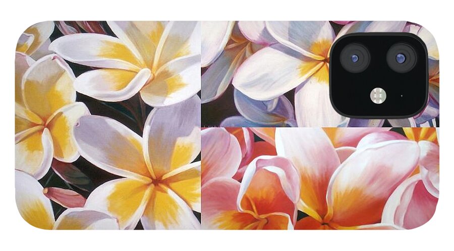 Jan Lawnikanis iPhone 12 Case featuring the painting Frangipani Collage by Jan Lawnikanis