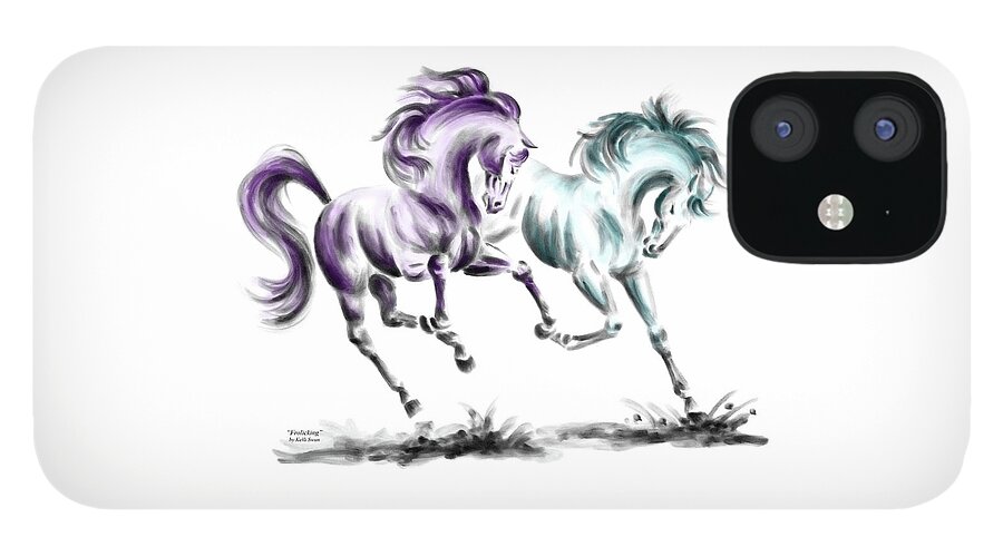 Arabian iPhone 12 Case featuring the drawing Frolicking - Wild Horses Print color tinted by Kelli Swan