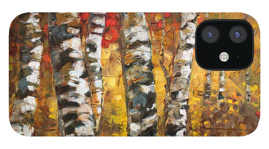 Landscape iPhone 12 Case featuring the painting Birch trees in Golden Fall by Ylli Haruni