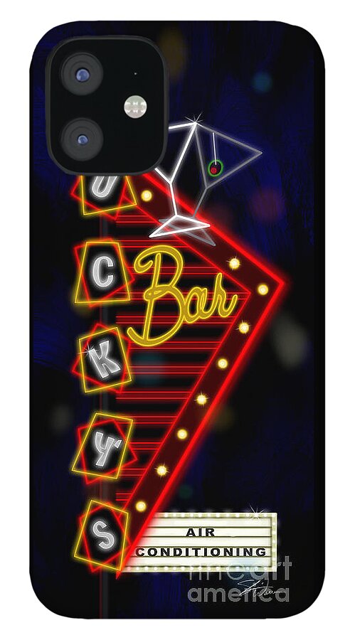 Nightclub iPhone 12 Case featuring the mixed media Nightclub Sign Luckys Bar #1 by Shari Warren