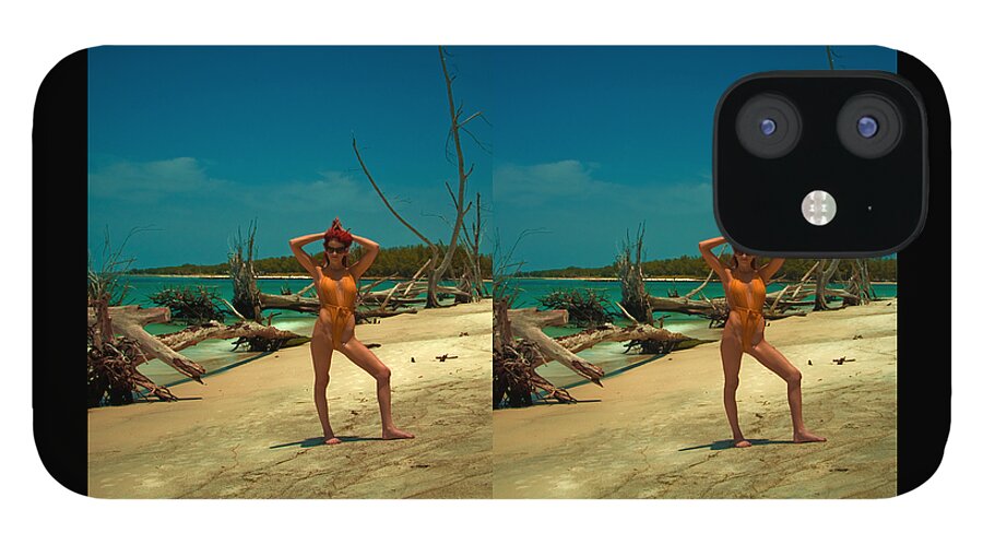 Audrey Michelle iPhone 12 Case featuring the photograph Stereoscopic Driftwood Beach Bikini Girl Audrey Michelle 007 #1 by Rolf Bertram