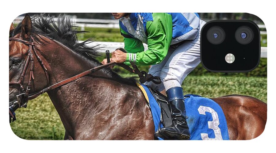 Race Horses iPhone 12 Case featuring the photograph Surprise Twist w Javier Castellano #1 by Jeffrey PERKINS