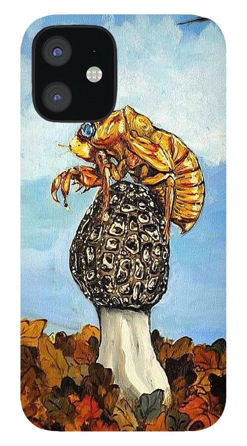 Morel iPhone 12 Case featuring the painting 17 year Cicada With Morel by Alexandria Weaselwise Busen
