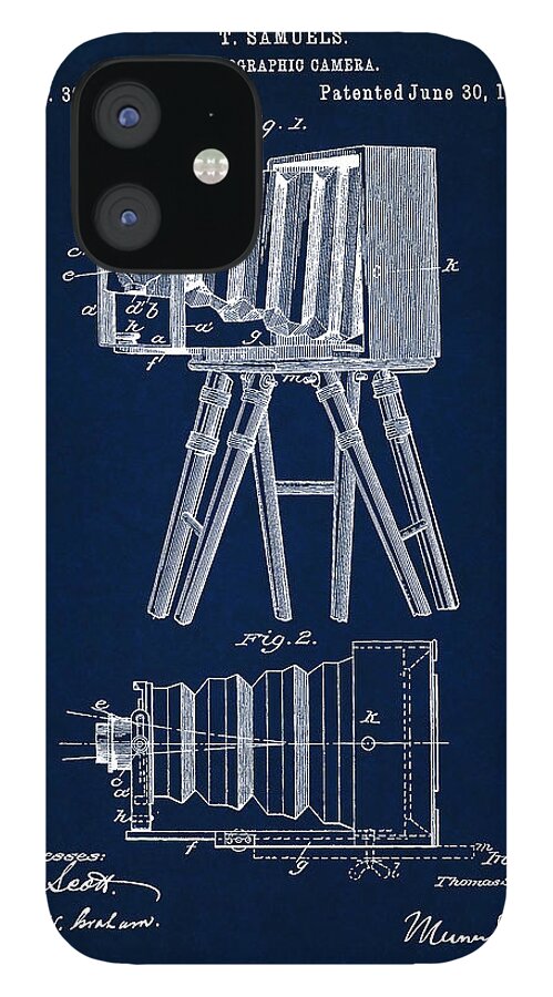 Patent iPhone 12 Case featuring the digital art 1885 Camera US Patent Invention Drawing - Dark Blue by Todd Aaron