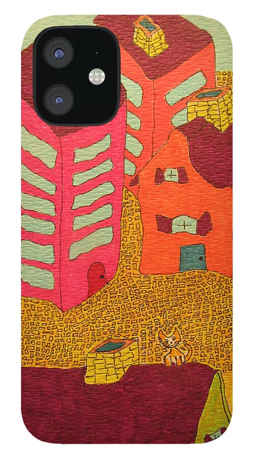Hagood iPhone 12 Case featuring the painting 5 Bldgs Cat On One Roof by Lew Hagood