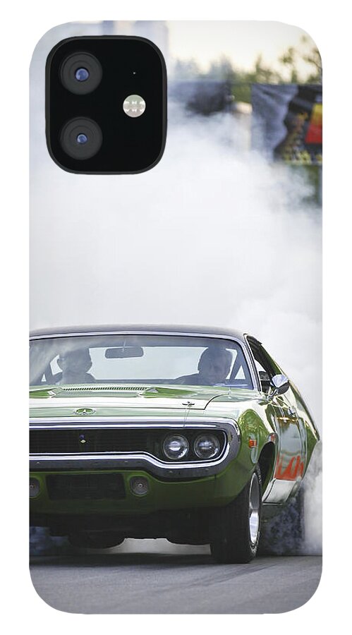 Tires iPhone 12 Case featuring the photograph '72 Roadrunner burn out #72 by Richard Lynch