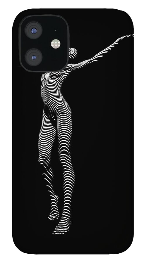 Zebra iPhone 12 Case featuring the photograph 9705-DJA Zebra Woman Flow of Life Black White Striped Young Woman by Chris Maher by Chris Maher