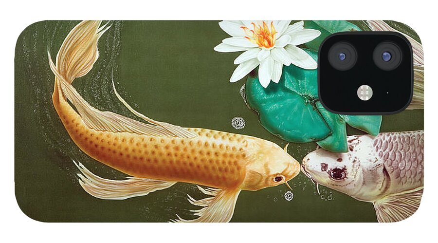 Koi Fish iPhone 12 Case featuring the painting A Kiss Is Just A Kiss by Dan Menta