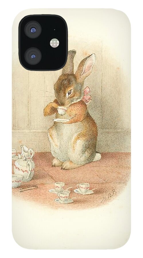 A Rabbit's Tea Party - Beatrix Potter iPhone 12 Case featuring the painting A Rabbit's Tea Party by Celestial Images