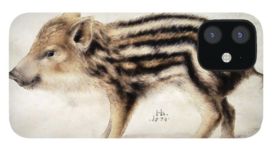 Hans Hoffmann iPhone 12 Case featuring the painting A Wild Boar Piglet by Hans Hoffmann