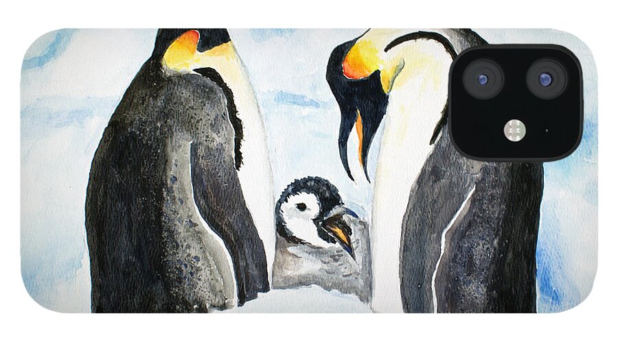 Penguin iPhone 12 Case featuring the painting And Baby Makes Three by Marlene Schwartz Massey