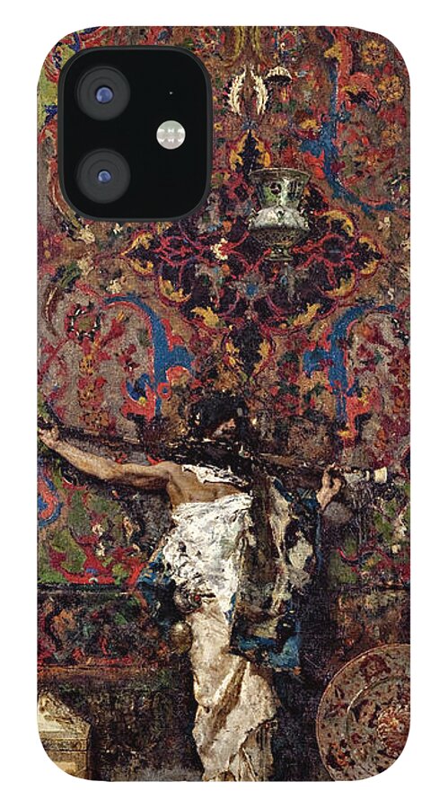 Mariano Fortuny iPhone 12 Case featuring the painting Arab before a Tapestry by Mariano Fortuny