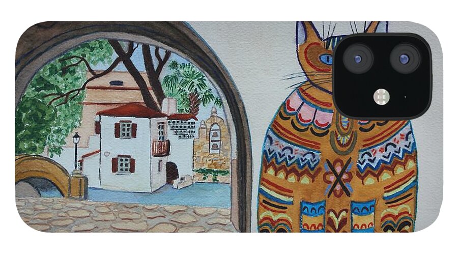 San Antonio iPhone 12 Case featuring the painting Arneson Theatre Cat by Vera Smith