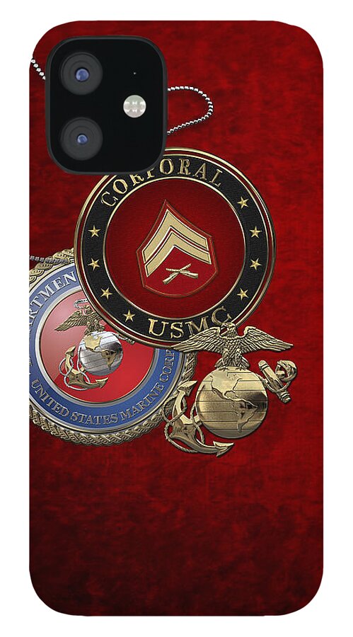 military Insignia 3d By Serge Averbukh iPhone 12 Case featuring the digital art U. S. Marines Corporal Rank Insignia over Red Velvet by Serge Averbukh