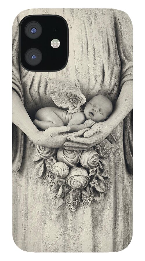 Black And White iPhone 12 Case featuring the photograph Jonti and the Stone Angel by Anne Geddes