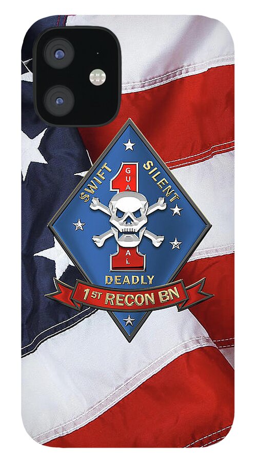 'military Insignia & Heraldry' Collection By Serge Averbukh iPhone 12 Case featuring the digital art U S M C 1st Reconnaissance Battalion - 1st Recon Bn Insignia over American Flag by Serge Averbukh