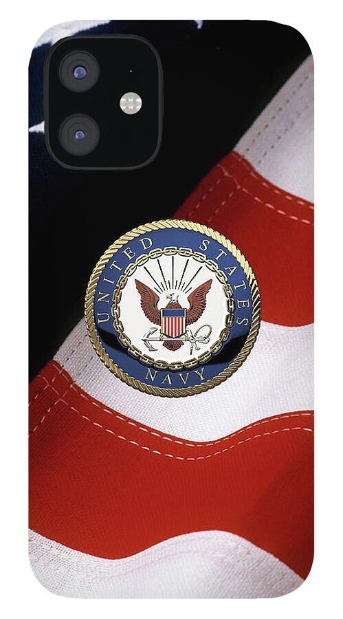 'military Insignia & Heraldry 3d' Collection By Serge Averbukh iPhone 12 Case featuring the digital art U. S. Navy - U S N Emblem over American Flag #1 by Serge Averbukh