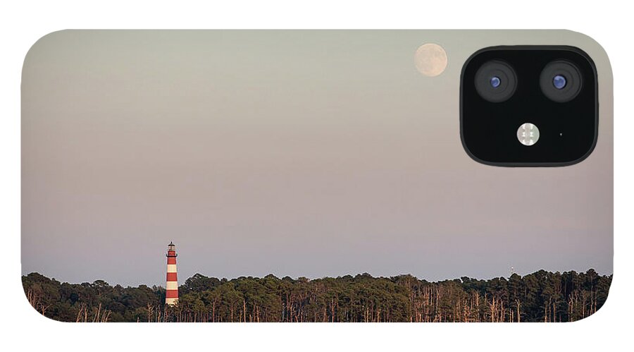 Photosbymch iPhone 12 Case featuring the photograph Assateague Light and the Full Moon by M C Hood