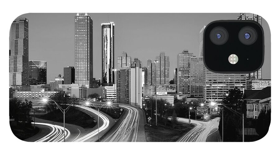 Atlanta iPhone 12 Case featuring the photograph Atlanta Skyline in Morning Downtown Light trails BW Black and white by Jon Holiday