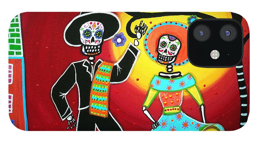 Mariachi Dancing Fiesta Bailar Day Of The Dead Painting Mexican Tree Dia De Los Muertos Flowers Blooms Paintings Prints Posters Original Folk Art Couple Happy iPhone 12 Case featuring the painting Bailar by Pristine Cartera Turkus