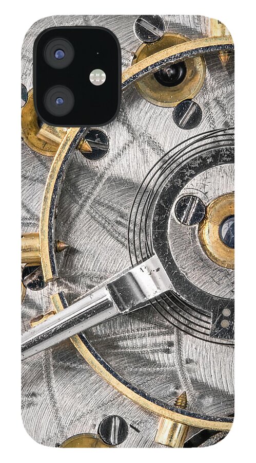 Watch iPhone 12 Case featuring the photograph Balance wheel of an antique pocketwatch by Jim Hughes
