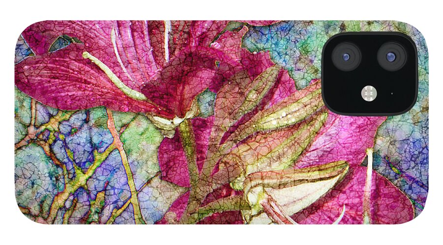 Batik iPhone 12 Case featuring the digital art Batik Lilies by Barbara Berney
