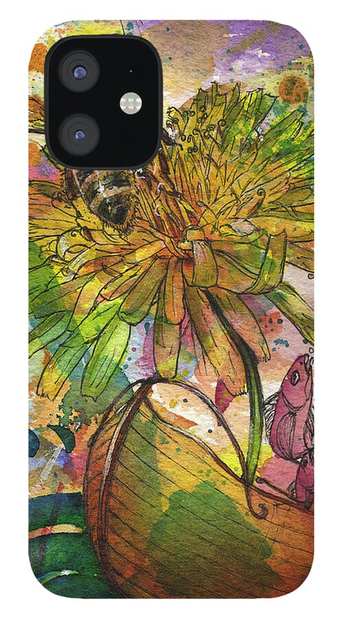 Bees iPhone 12 Case featuring the painting Bee and Dandelion-Sailing by Petra Rau