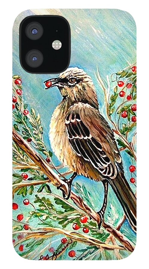 Mocking Bird iPhone 12 Case featuring the painting Berry picking time by Carol Allen Anfinsen