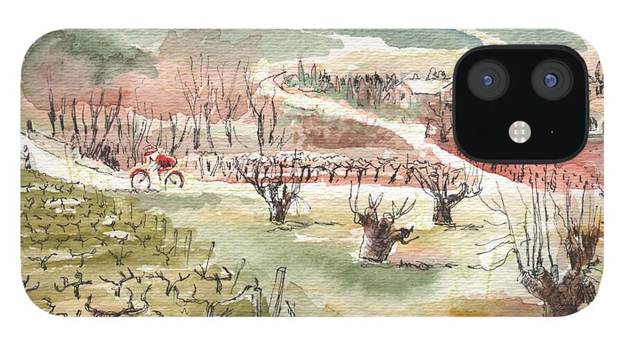 Vienyards iPhone 12 Case featuring the painting Bicycling through vineyards by Tilly Strauss