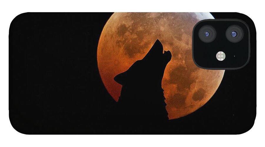 Blood Moon iPhone 12 Case featuring the digital art Blood Full Moon and the Wolf by Marianna Mills