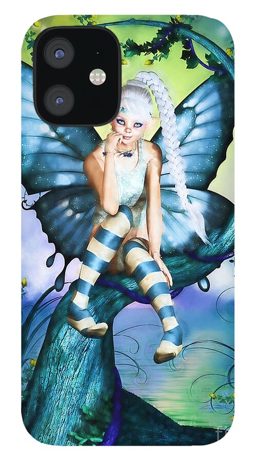 Fairy iPhone 12 Case featuring the digital art Blue Butterfly Fairy in a Tree by Alicia Hollinger